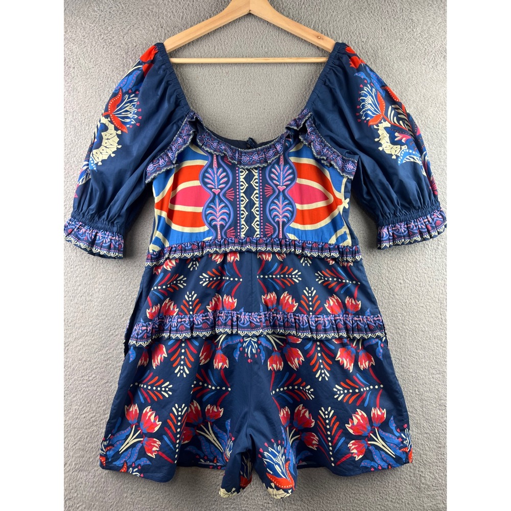 Farm Rio Blue Floral Tiered Ruffle Romper Short Sleeve Square Neck Puffy Sleeves - Picture 3 of 16